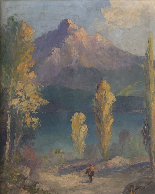 M. F. Holmes (20th Century) Mountain Landscape, Oil: M. F. Holmes (20th Century) Mountain Landscape, Oil on board, Signed lower right. Dimensions: h: 10.5 x w: 8.5 in.