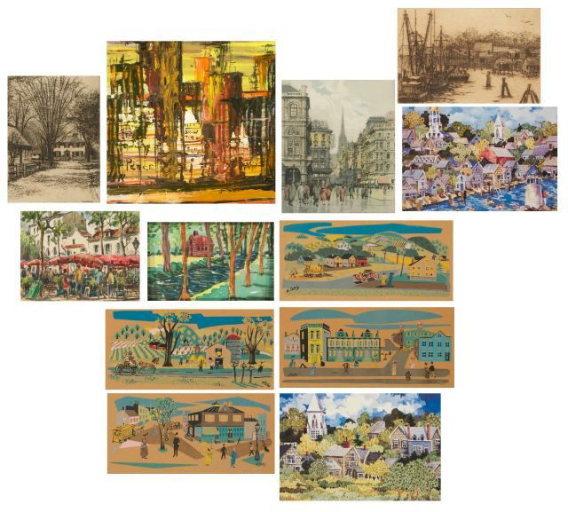 A Collection of Twelve Decorative Works by Various: A Collection of Twelve Decorative Works by Various Artists, 20th Century, Comprising of paintings and prints by Leonard Mersky, Sylvia Moss, Nicholas Takis, and others. Largest image dimensions: h: 10