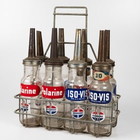Standard Oil Glass Oil Bottles in Metal Carrier