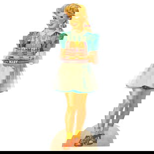 1940's Kist Beverages Die Cut Store Display Sign,: A 1940's Kist Beverages Die Cut Lithograph Store Display Sign, Single-sided paper mounted to cardboard showing a blonde haired young girl carrying a tray of Kist beverage bottles. Easel display stand