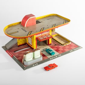 Superior Garage Tin Litho Two-Story Toy Service Garage