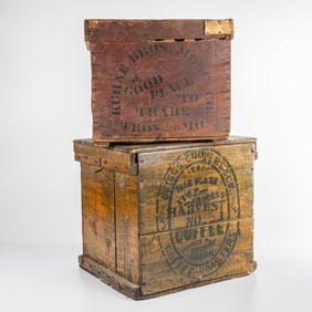 Stencil Decorated Wood Egg Carrier and Wooden Crate