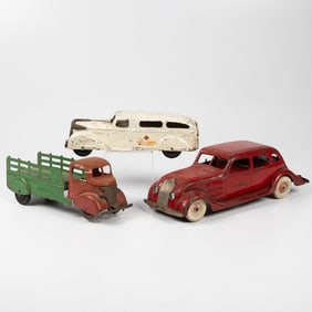 Three Pressed Steel Toy Cars and Truck