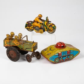 Three Antique Tin Litho Toys and Bank