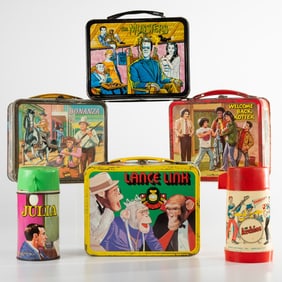 Four Vintage Metal Lunch Boxes and Two Thermos Flasks