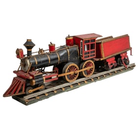 Folk Art Painted Railroad Engine and Tender on Tracks