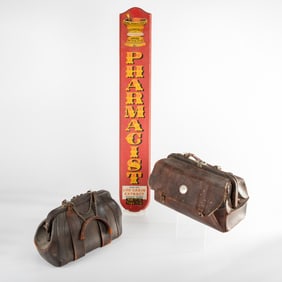 Antique Leather Medical Bags and Pharmacist Sign