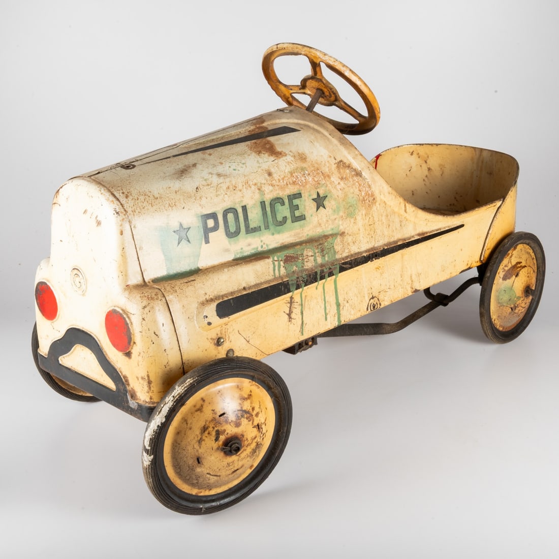 Original Garton Police Pedal Car: An Original Garton Police Painted Metal Pedal Car. H: 20 W: 36 D: 14 in. From the R-Place Diner and Truck Stop, Morris, IL.