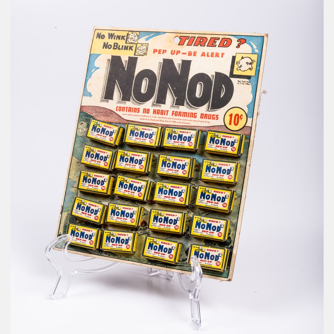 No Nod Countertop Display, ca. 1940: A No Nod Countertop Product Display, ca. 1940. A cardboard lithograph countertop display advertising No Nod, with twenty boxes of product displayed. Not for consumption. For adults only. For collectin