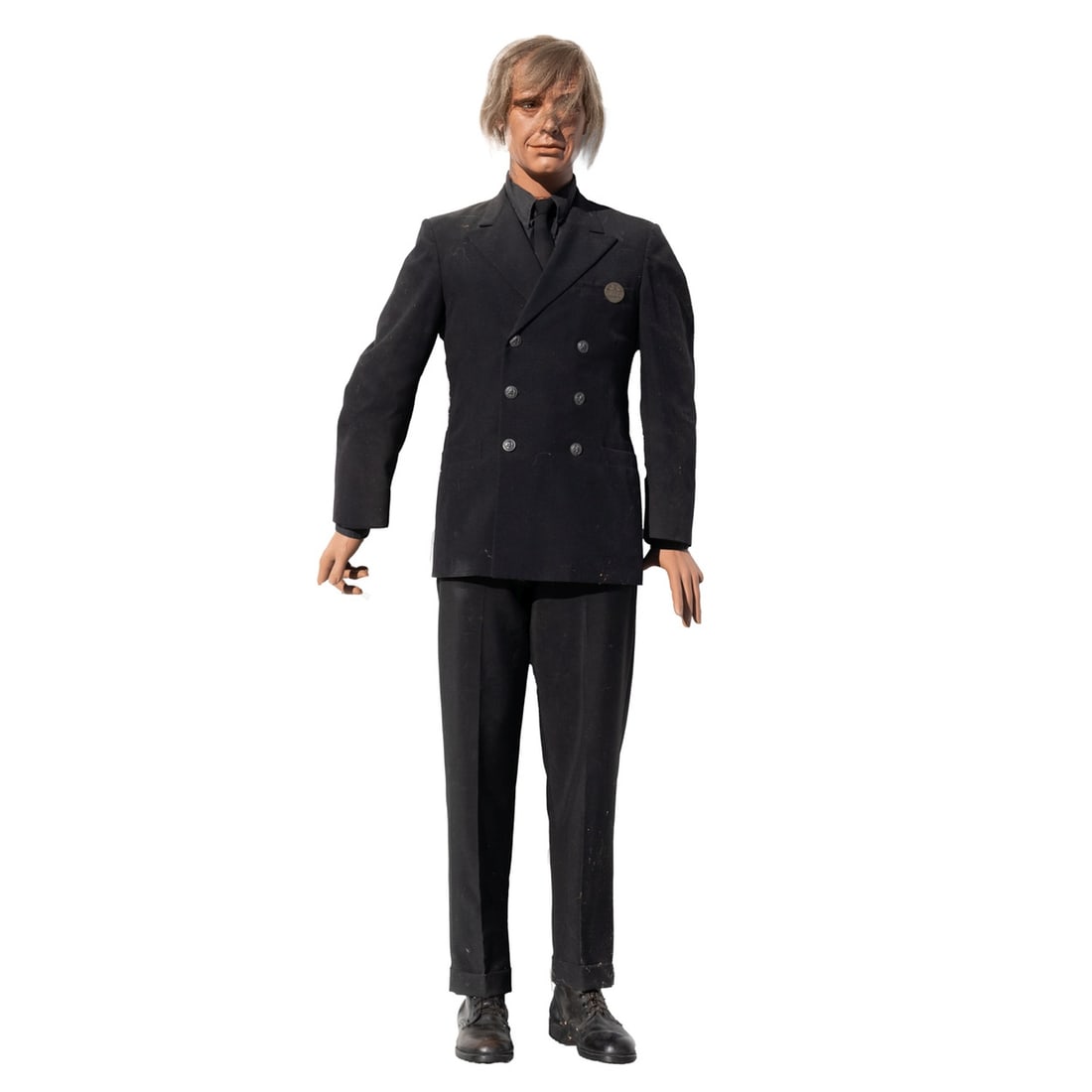 Vintage Clothing Store Mannequin: A Vintage Clothing Store Mannequin, dressed as a chauffeur with Ohio 1939 registered chauffeur badge #89130. H: 72 W: 20 D: 10 in. From a private NE Ohio single-owner collection. Proceeds to benefit t