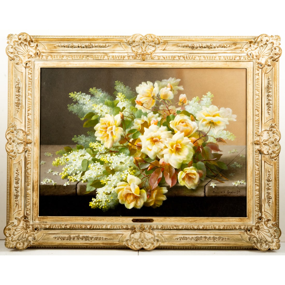 Raoul Maucherat De Longpré (French, 1843 - 1911): Raoul Maucherat De Longpré (French, 1843 - 1911) Roses and White Lilac, Gouache, Signed lower right. Image size: H: 20 1/4 x W: 28 1/2 in H: 29 3/16 W: 37 1/8 in. From a Northeast Ohio Collector