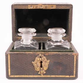 French Leather and Brass Two Bottle Perfume Casket.