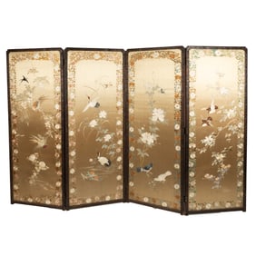 Japanese Silk Embroidered Four Panel Floor Screen