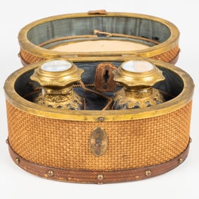 French Leather and Brass Two Bottle Perfume Casket.