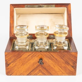 French Kingwood Marquetry and Brass Three Bottle Perfume Casket.
