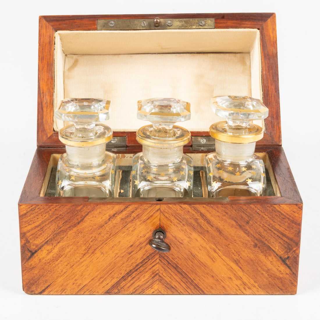 French Kingwood Marquetry and Brass Three Bottle Perfume Casket. (1 of 4)