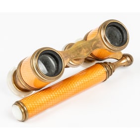 A Pair of French Guilloche Enameled and Mother of Pearl Opera Glasses