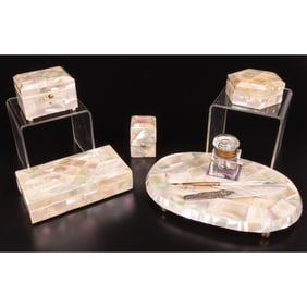 Eight Piece Assembled Mother of Pearl Desk Set.
