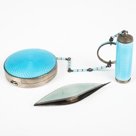 A Ladies Silver Guilloche Enamel Compact and Lipstick Holder