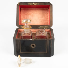 French Ebonized Wood and Brass Two Bottle Perfume Casket