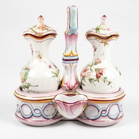 French Faience Ceramic Hand Painted Cruet Set.