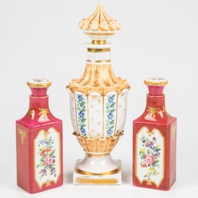 Three French Hand Painted Porcelain Perfume Bottles,