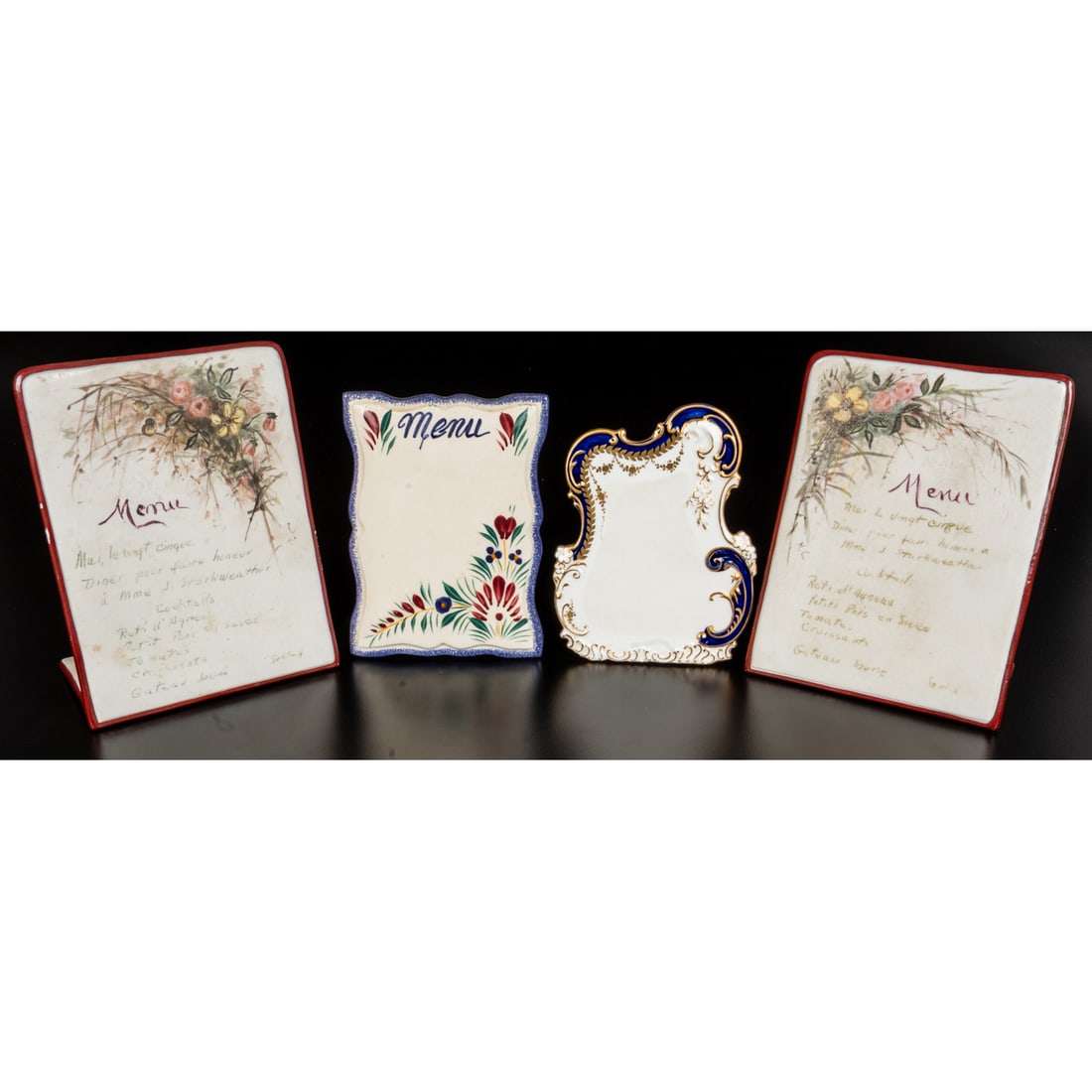 Four French and English Porcelain Menu Plaques: Four French and English Porcelain Menu Plaques, 20th Century, Each having hand painted floral decoration, one marked Royal Crown Derby, England to underside and one Marked H.B. Henriot Quimper, France