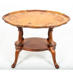 A Burl and Fruitwood Marquetry Two Tier Side Table, 20th Century.