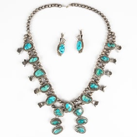 A Navajo Silver and Turquoise Necklace and Earrings