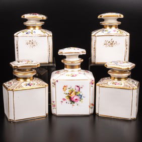 Five French Hand Painted Porcelain Perfume Bottles