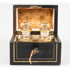 French Ebonized Wood and Brass Two Bottle Perfume Casket,