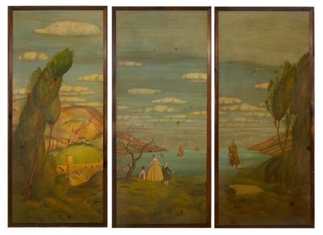 A French Painted Hardwood Triptych, Early 20th Century,: A French Painted Hardwood Triptych, Early 20th Century, Depicting figures in an elaborate harbor landscape. Oil on board. From the Warren Packard Mansion, Lakewood, NY. Dimensions: h: 76 x w: 43.5 in.