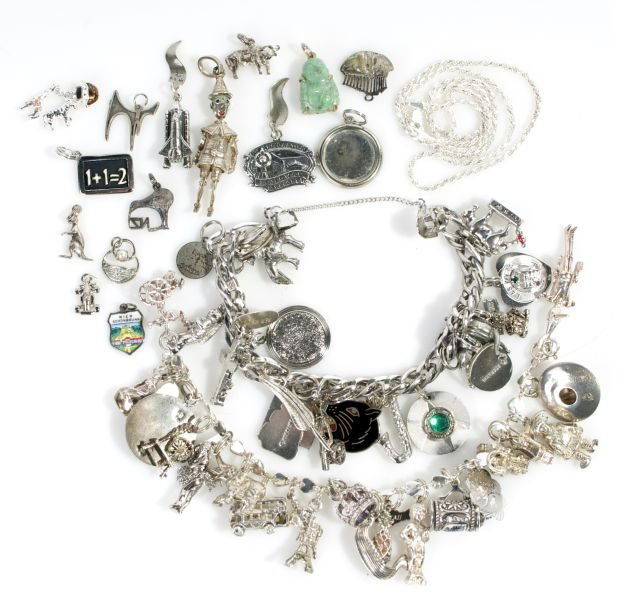 Two Sterling Silver and Silver Plated Charm Bracelets,: Two Sterling Silver and Silver Plated Charm Bracelets, Together with a sterling silver rope twist necklace and various sterling silver and silver plated charms.