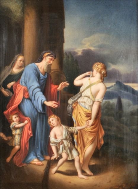 A KPM Porcelain Painted Plaque of Hagar and Ishmael: A KPM Porcelain Painted Plaque of Hagar and Ishmael Leaving the House of Abraham, ca. 1880. Dimensions: h: 8 x w: 6 in.