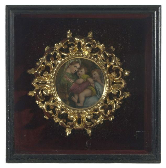 After Raphael (20th Century) Madonna and Child,: After Raphael (20th Century) Madonna and Child, Oil on canvas, In window box frame. Unsigned. Framed dimensions: h: 13.75 x w: 13.75 x d: 3.75 in.