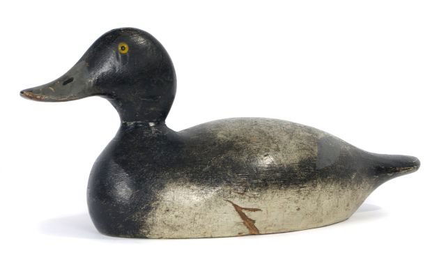 An Evans Factory Blue Bill Drake Duck Decoy,: An Evans Factory Blue Bill Drake Duck Decoy, Ladysmith, Wisconsin, 19th/20th Century. Dimensions: h: 6.5 x w: 15 x d: 5.25 in.