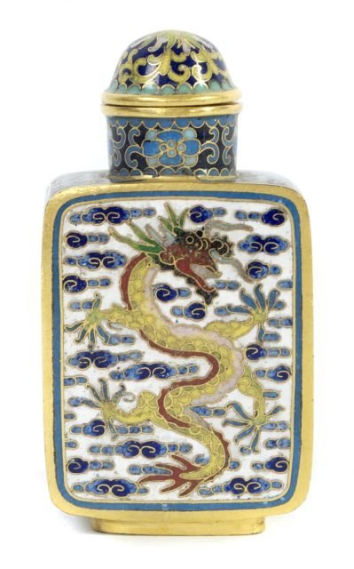 A Chinese 18kt. Yellow Gold Cloisonne Snuff Bottle,: A Chinese 18kt. Yellow Gold Cloisonne Snuff Bottle, Qing Dynasty. With dragon and phoenix motif. Etched Qianlong mark on base. Lacking ivory spoon. Dimensions: h: 2.5 x w: 1.375 x d: 0.75 in. Provenan