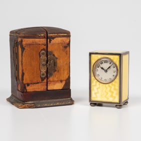 Swiss Silver and Enameled Guilloche Miniature Clock