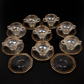 French Gilt Double Handle Cups and Saucers