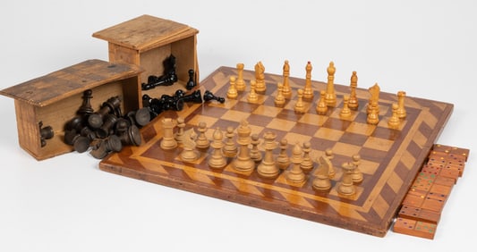 American Maple and Mahogany Inlaid Chess Board & Pieces.