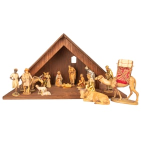 Eighteen Piece Anri Carved Wood Nativity Set