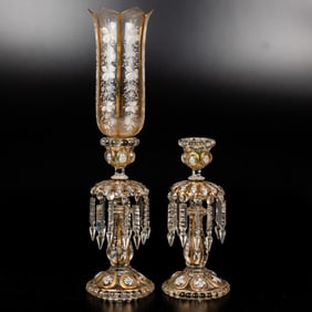 Pair of Baccarat Enameled Glass Candlestick Lusters