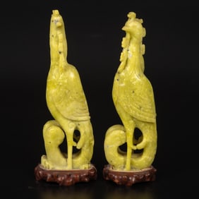 Pair of Chinese Carved Soapstone Phoenix Bird Figures