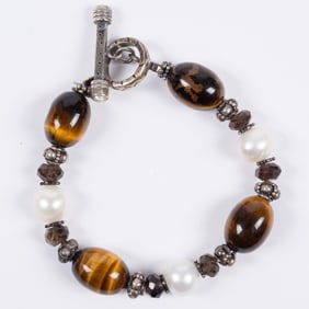 Beaded Silver, Pearl & Tiger's Eye Bracelet