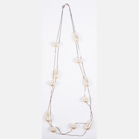 Faux Pearl And Gold Tone Chain Necklace