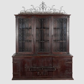 Spanish Colonial Style Hardwood and Wrought Metal Breakfront Cabinet