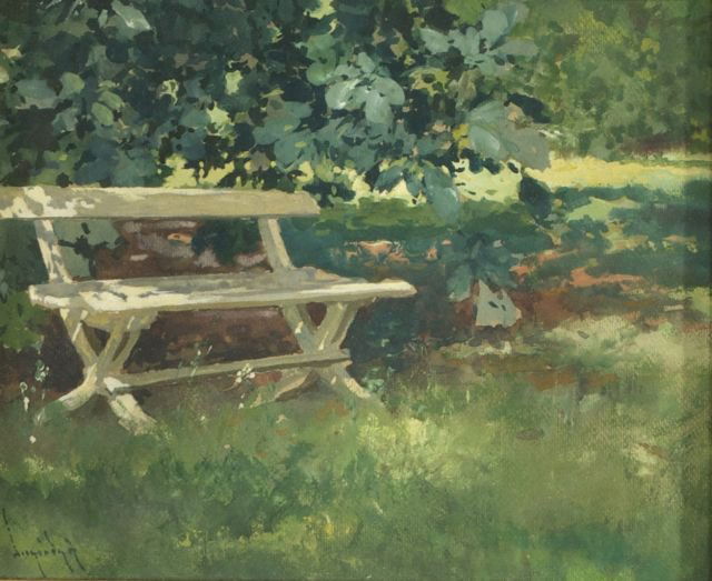 Artist Unknown (20th Century) Garden Scene with Bench,: Artist Unknown (20th Century) Garden Scene with Bench, Watercolor gouache, Signed illegibly lower left. Dimensions: h: 7 x w: 8.5 in. *** Please inquire for shipping estimate prior to bidding. Shippin