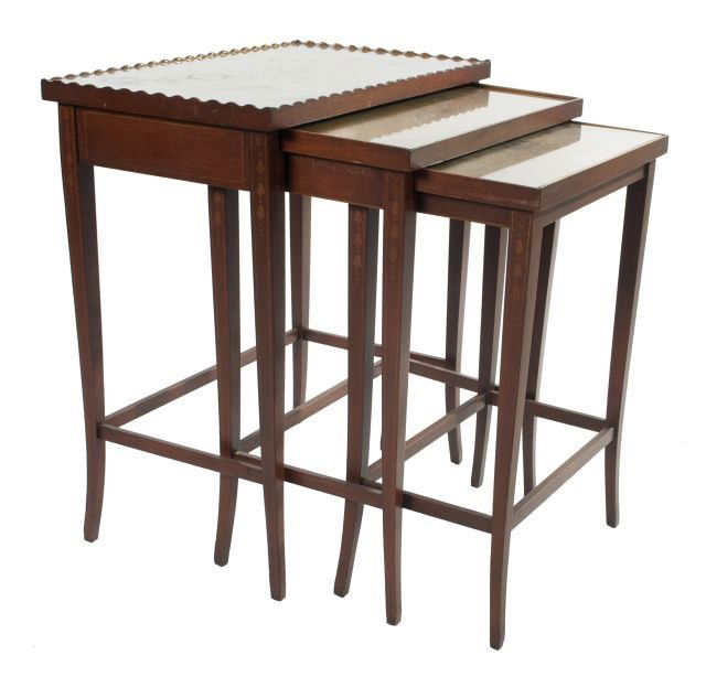 A Set of Three Sheraton Style Painted Mahogany Nesting: A Set of Three Sheraton Style Painted Mahogany Nesting Tables, 20th Century. Dimensions: h: 25 x w: 21.5 x d: 13.25 in. *** Please inquire for shipping estimate prior to bidding. Shipping costs may ex