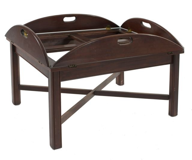 A Mahogany Butler's Table, 20th Century.: A Mahogany Butler's Table, 20th Century. Dimensions: h: 16.25 x w: 42 x d: 34 in. *** Please inquire for shipping estimate prior to bidding. Shipping costs may exceed item values. ***