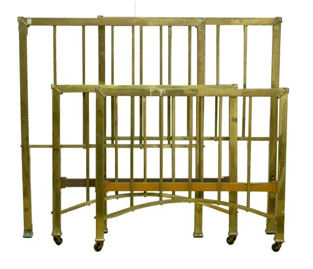 Two Vintage American Brass Twin Beds: Two Vintage American Brass Twin Beds, Early 20th Century, Lacking side rails. Frame dimensions: h: 43.25 x w: 35.5 in. *** Please inquire for shipping estimate prior to bidding. Shipping costs may exc